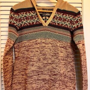 Natural Reflections hooded Knit Sweater in Tan, Teal & Burgundy, western vibe
